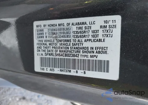 2012 Honda Odyssey Ex-L from USA, damaged, VIN 5FNRL5H64CB023842